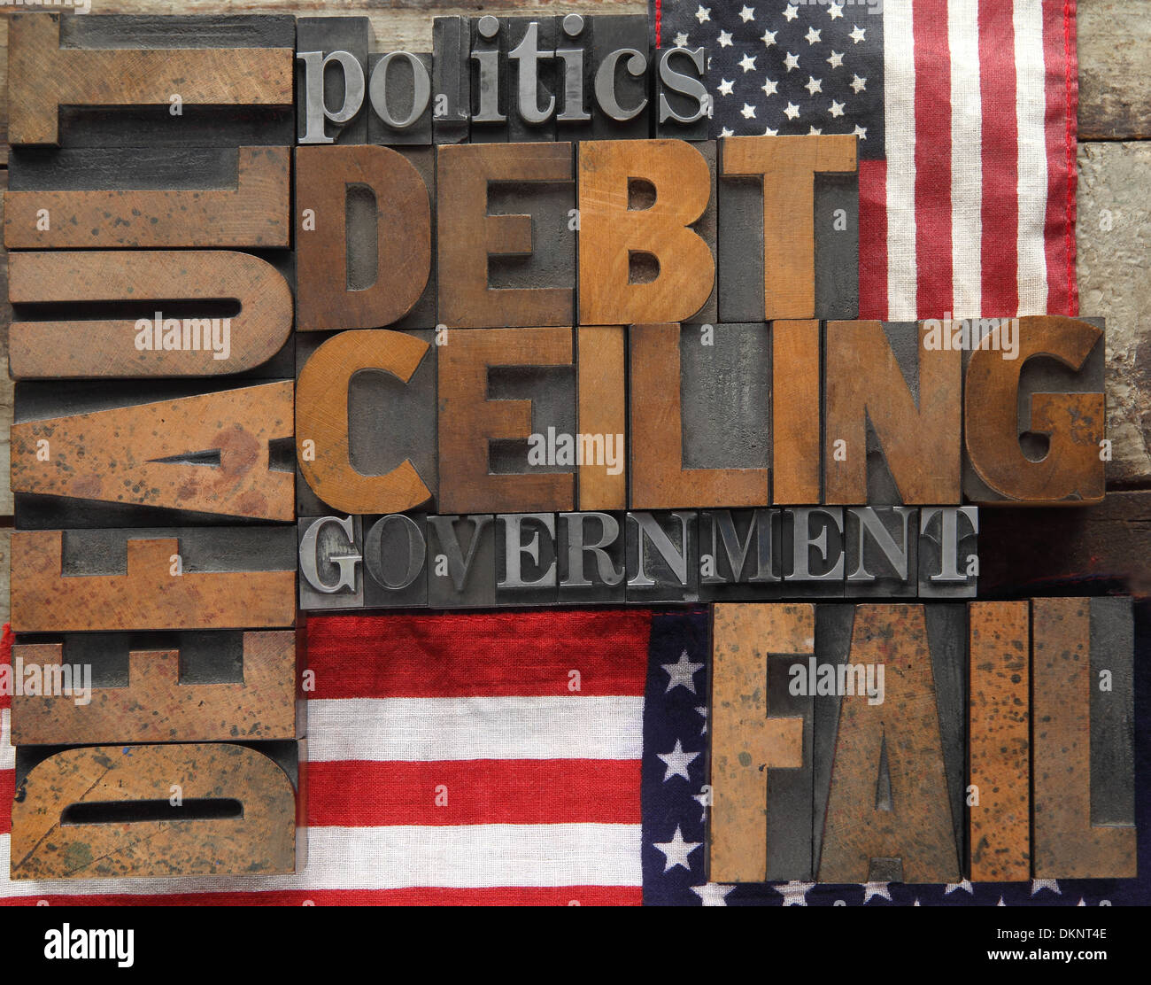 Default Debt Ceiling And Other Words In Wood And Metal Type Stock