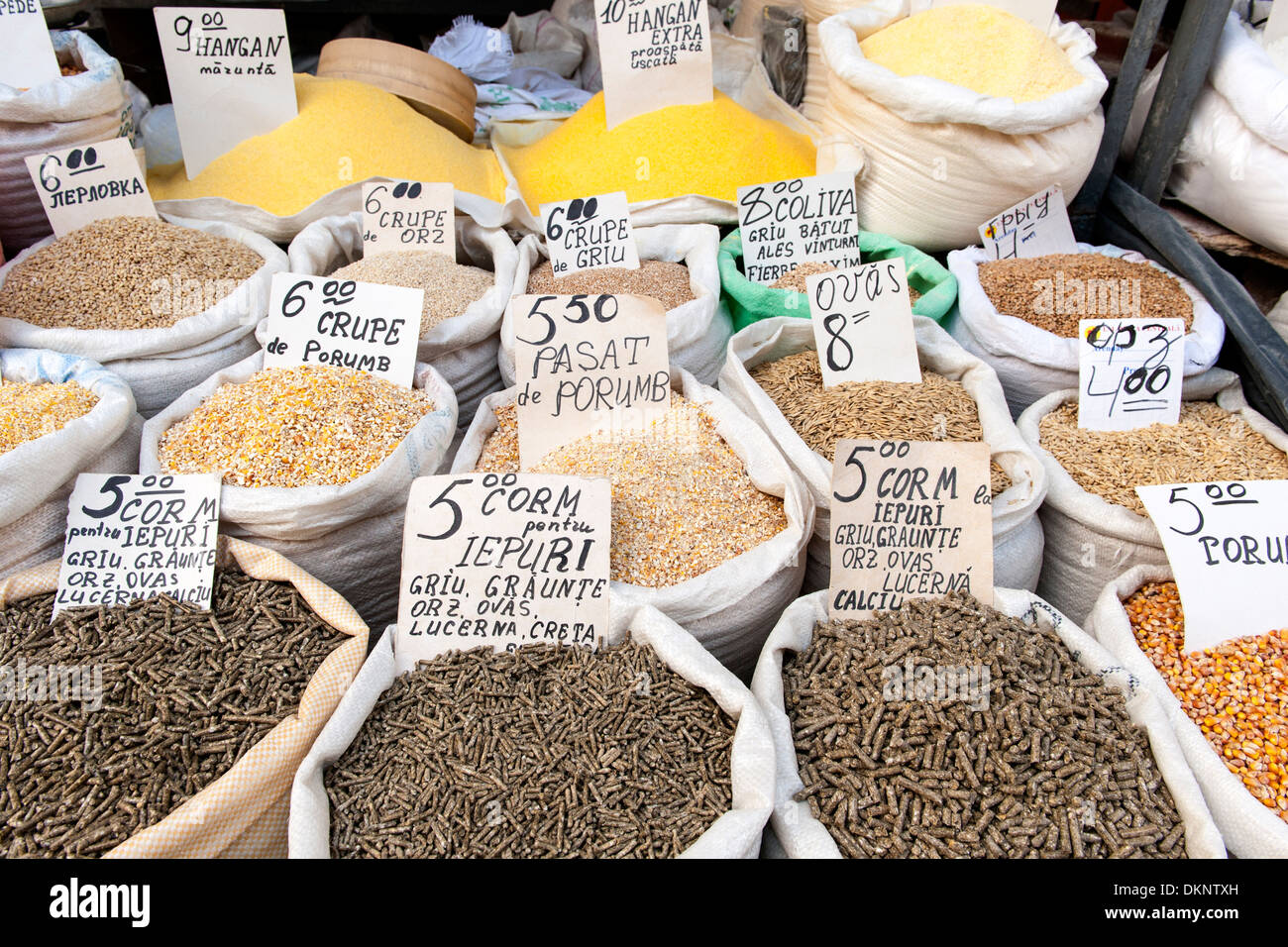 Grain for sale in the market in Chisinau, the capital of Moldova in Eastern Europe. Stock Photo