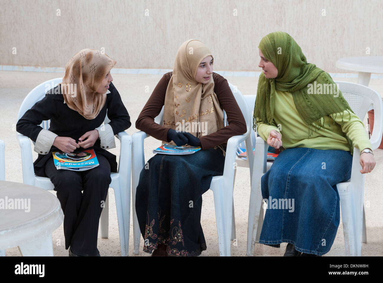 Libya, Benghazi. Three Teenage Libyan Girls Attending a School for English Language Studies. Stock Photo