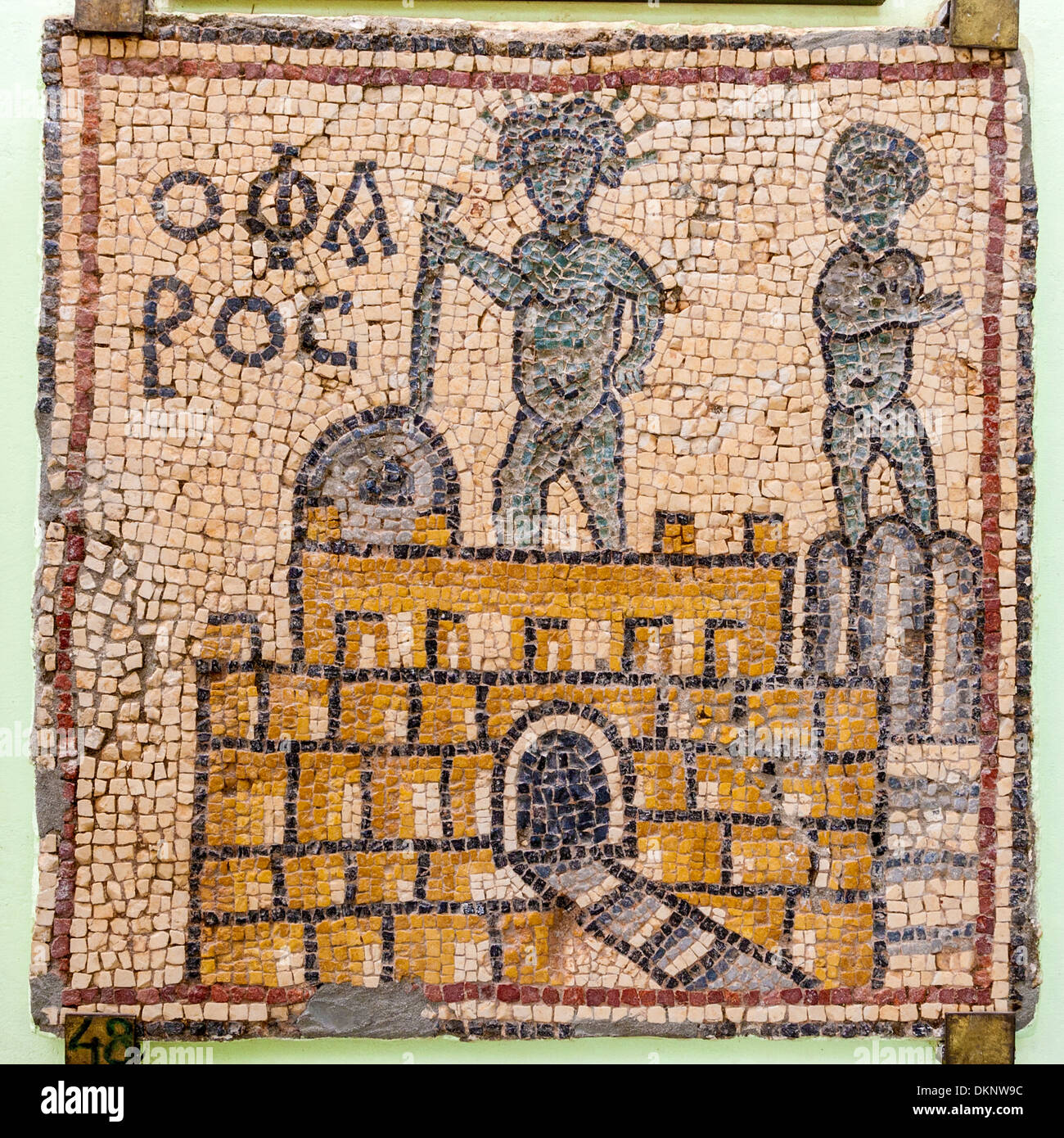 Libya, Qasr Libya.  Byzantine Mosaic from the mid-6th Century A.D. Depicting the Lighthouse (Pharos) of Alexandria. Stock Photo