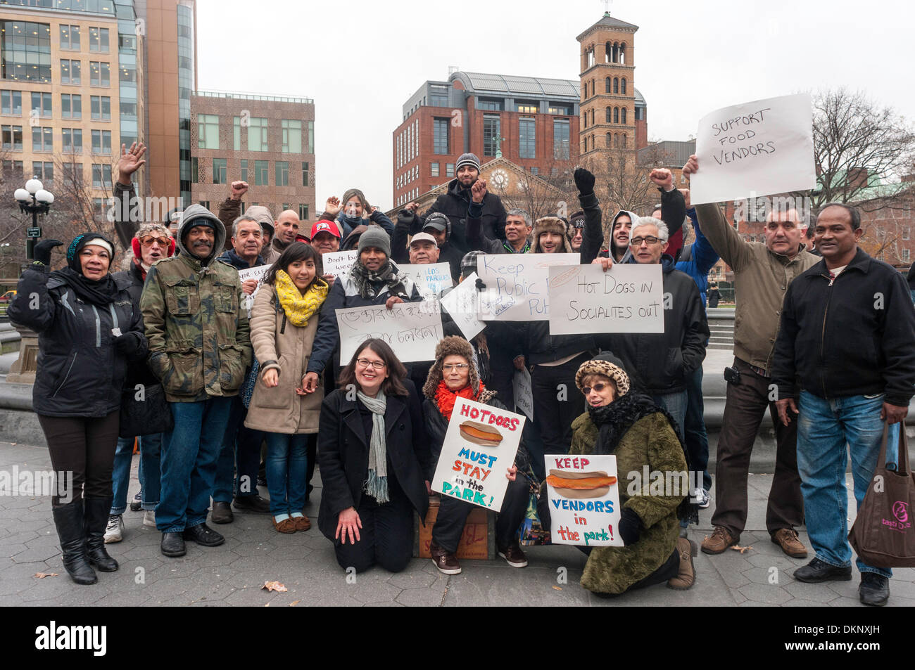 New York, NY, USA. 8th Dec, 2013. Rally in Washington Square Park to keep the hot dog vendors. Blogger Cathryn Swan, who writes the WashingtonSquareBlog recently learned the newly formed Washington Square Park Conservancy has asked the NYC Parks Dept not to renew the vendor's contracts, but rather replace them with more upscale and expensive offering. Credit: Stacy Walsh Rosenstock/Alamy Live News Stock Photo