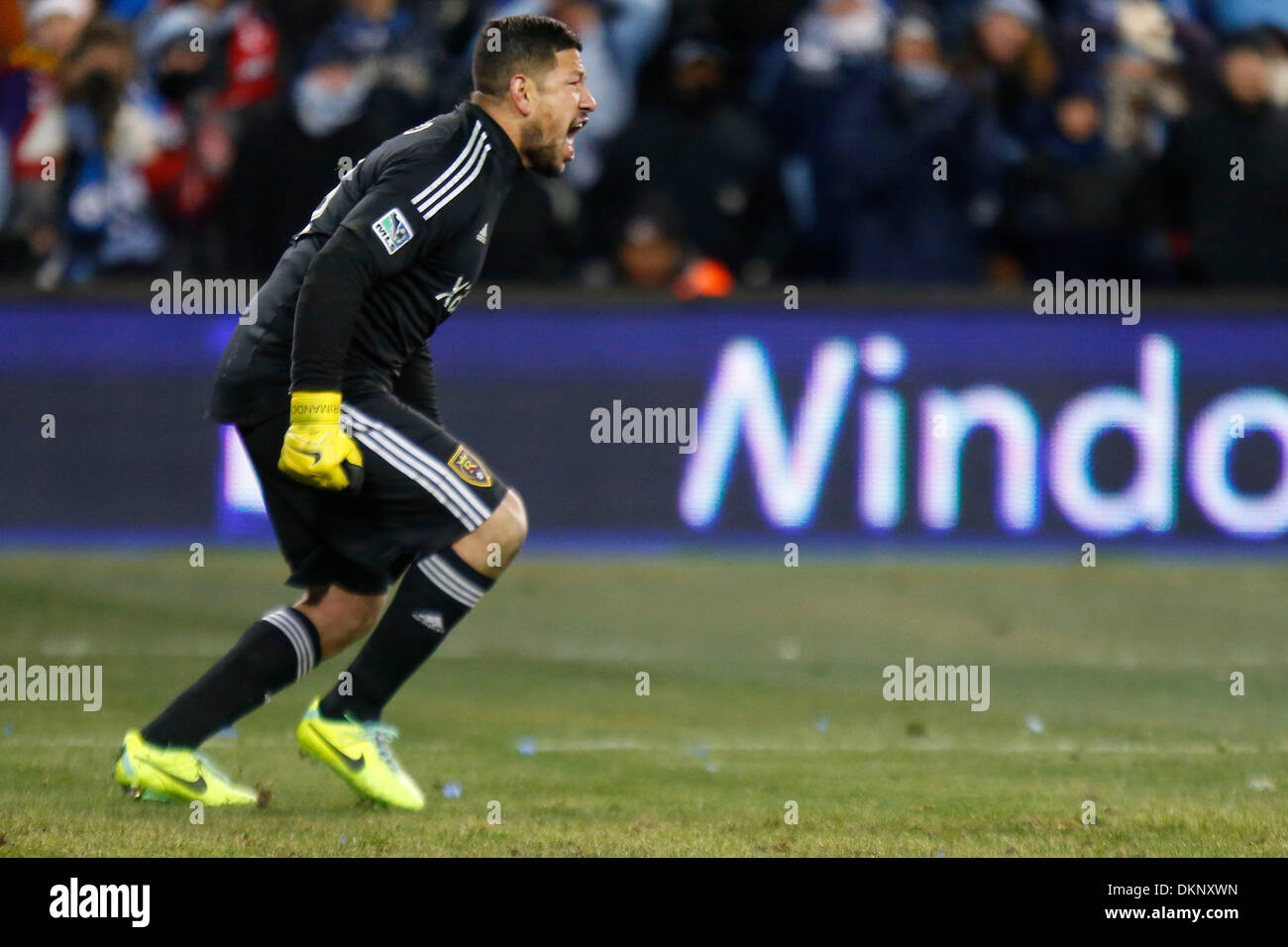 Kansas City, KS, USA. 7th Dec, 2013. December 07, 2013: Nick Rimando #18 of the Real Salt Lake reacts to his blocked shot on goal in shootouts during the MLS Championship game on December 07, 2013 at Sporting Park in Kansas City, Kansas. Credit:  csm/Alamy Live News Stock Photo