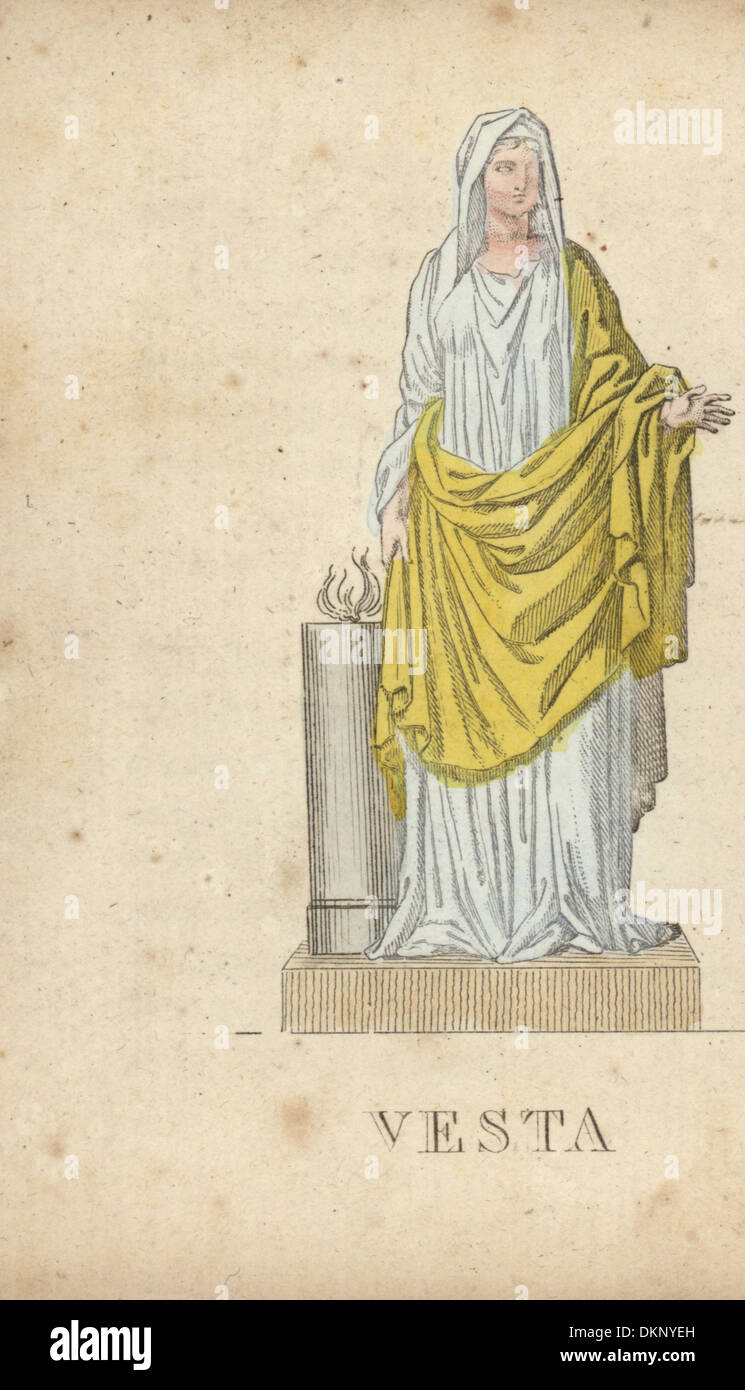 Vesta, Roman goddess of the hearth, with altar with sacred flame. Stock Photo