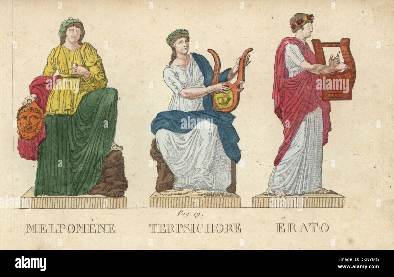 Melpomene, Terpsichore and Erato, muses of tragedy, dance and poetry. Stock Photo