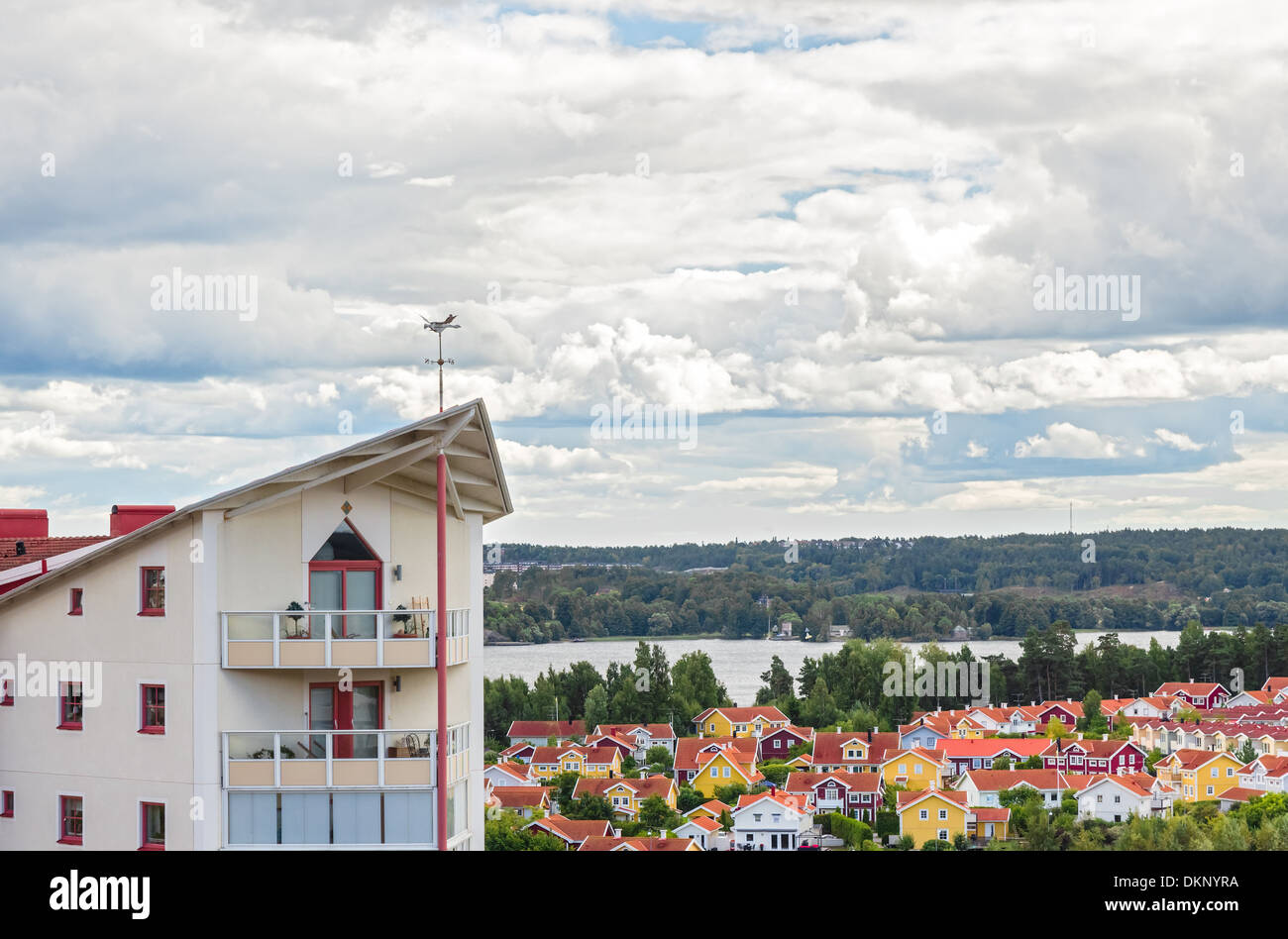 Bright residential neighborhood surrounded by nature. Modern living. Stock Photo