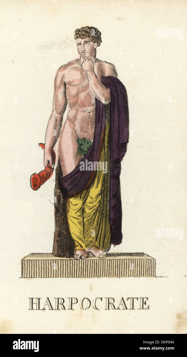 Harpocrates, Greek god of silence, with finger to his lips, holding a horn Stock Photo Alamy
