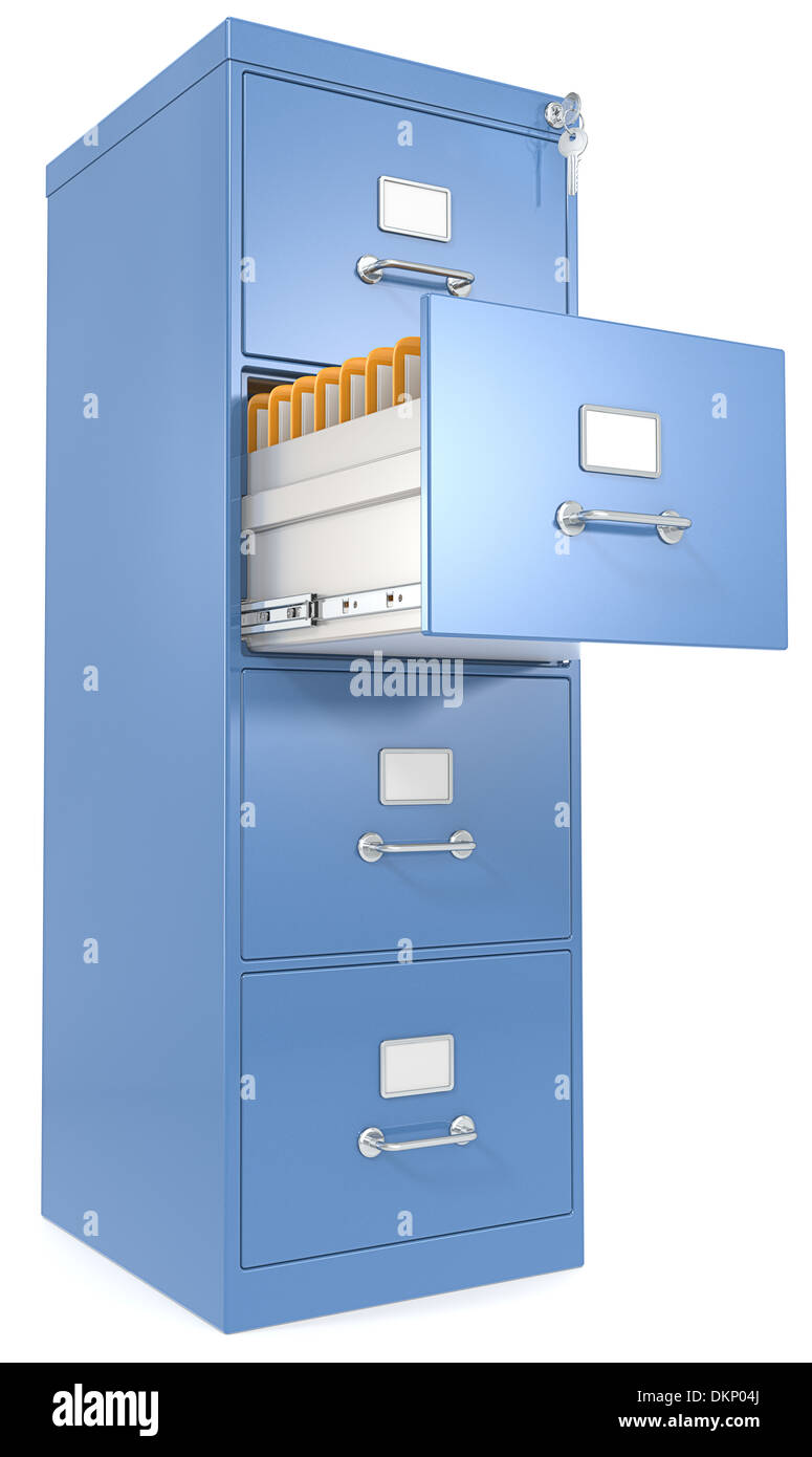 Blue File Cabinet. Open drawer with files. Lock and key. Stock Photo