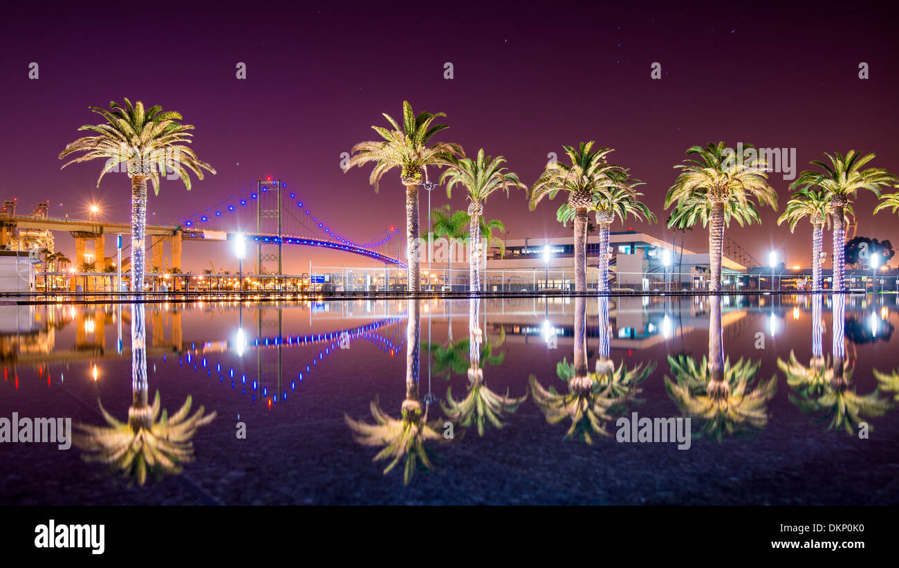 Vincent Thomas Bridge and Palm Tree reflections in San Pedro, Los Angeles, California. Stock Photo