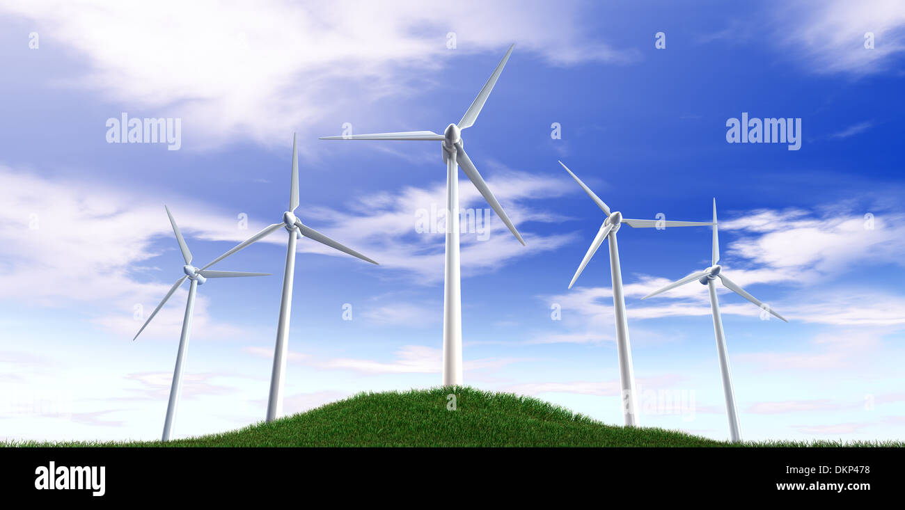 An array of regular wind turbines on a grassy green hill on an isolated ...