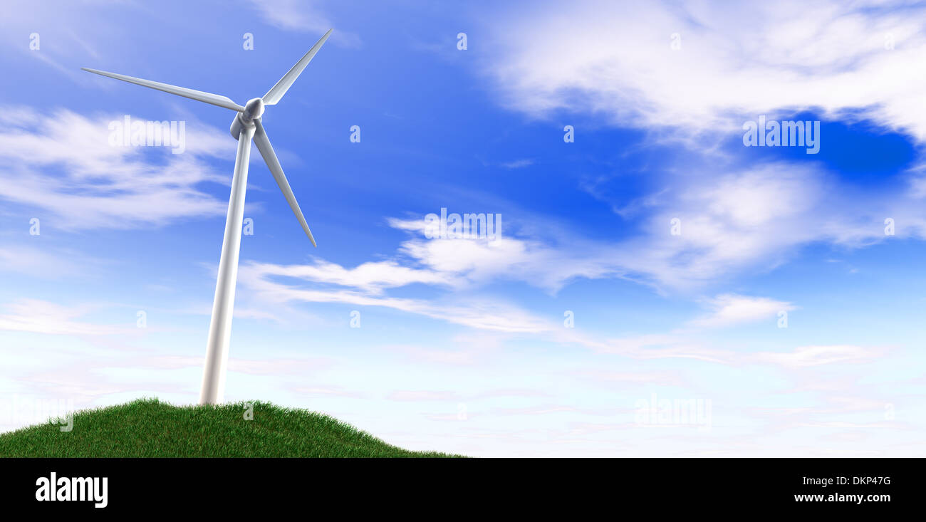 A regular wind turbine on a grassy green hill on an isolated blue sky ...