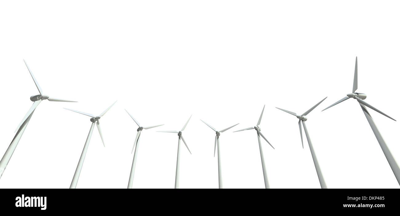 An array of regular wind turbines on an isolated white background Stock ...