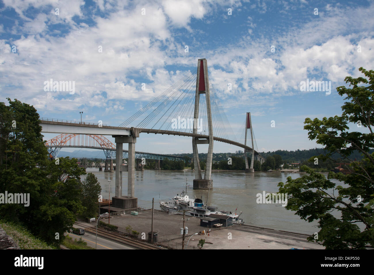 Port Mann Bridge against a blue sky, Vancouver, Canada. Stock Photo