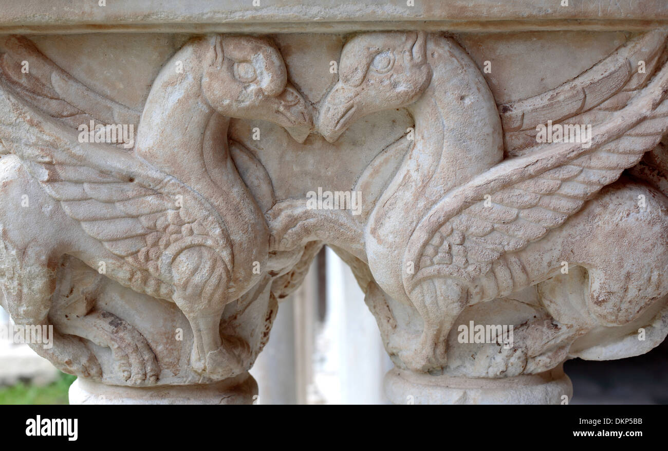Capital column, Cloister of Cefalu Cathedral, Cefalu, Sicily, Italy Stock Photo