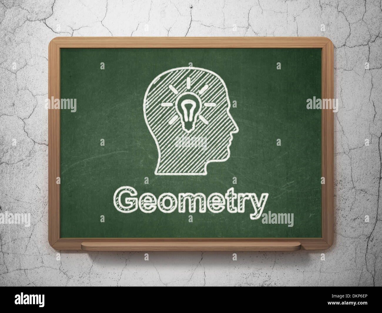 Education concept: Head With Light Bulb and Geometry on chalkboard ...