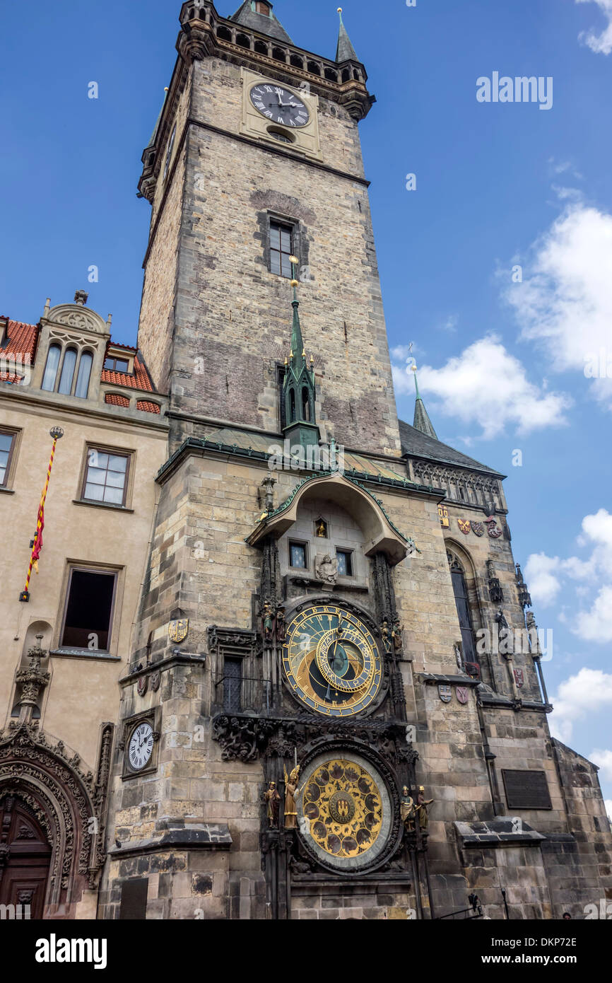 The iconic Prague Astronomical Clock showcases intricate details and historical architecture. Stock Photo