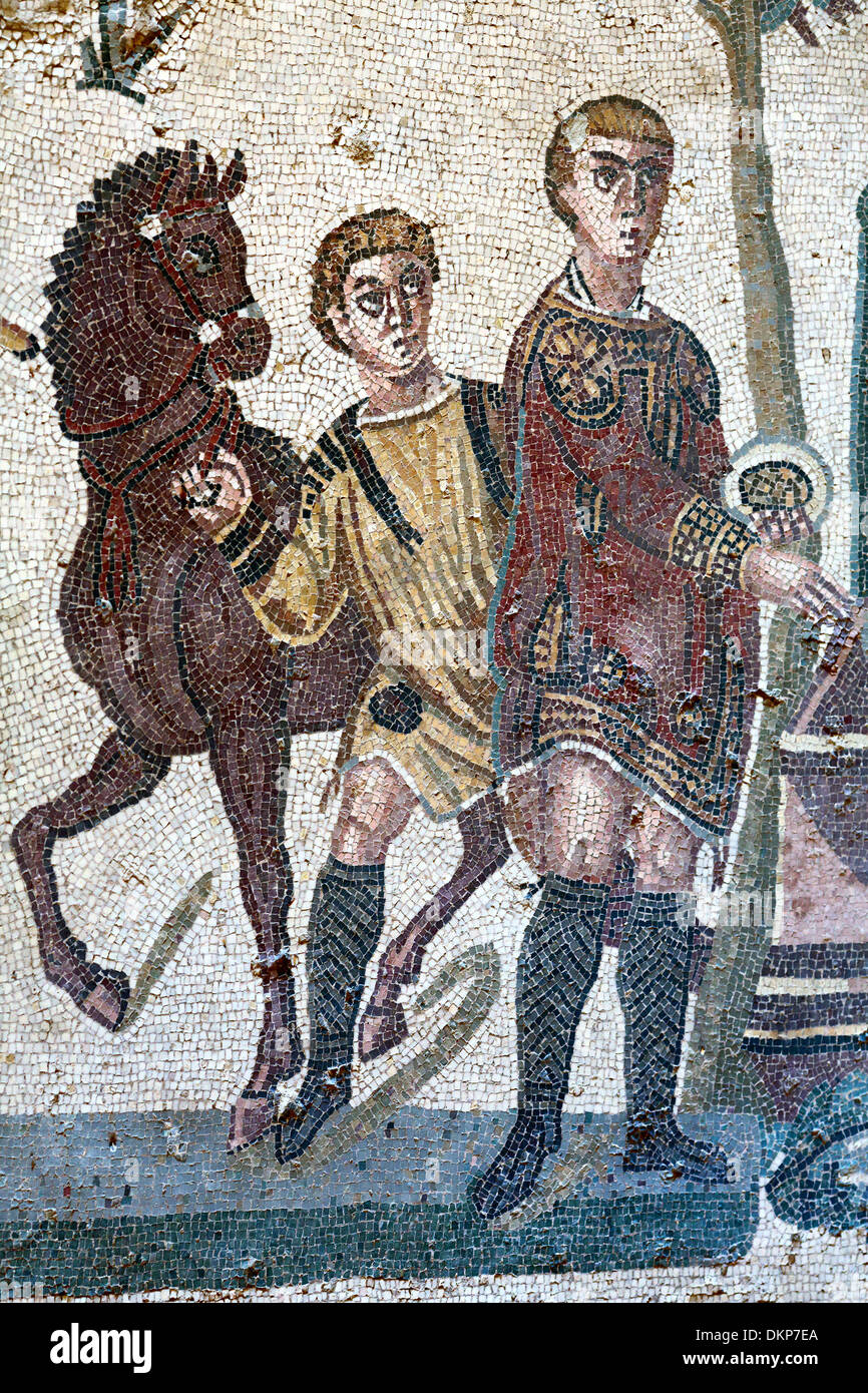 Little Hunt mosaic, Villa Romana del Casale, Piazza Armerina, Sicily, Italy Stock Photo