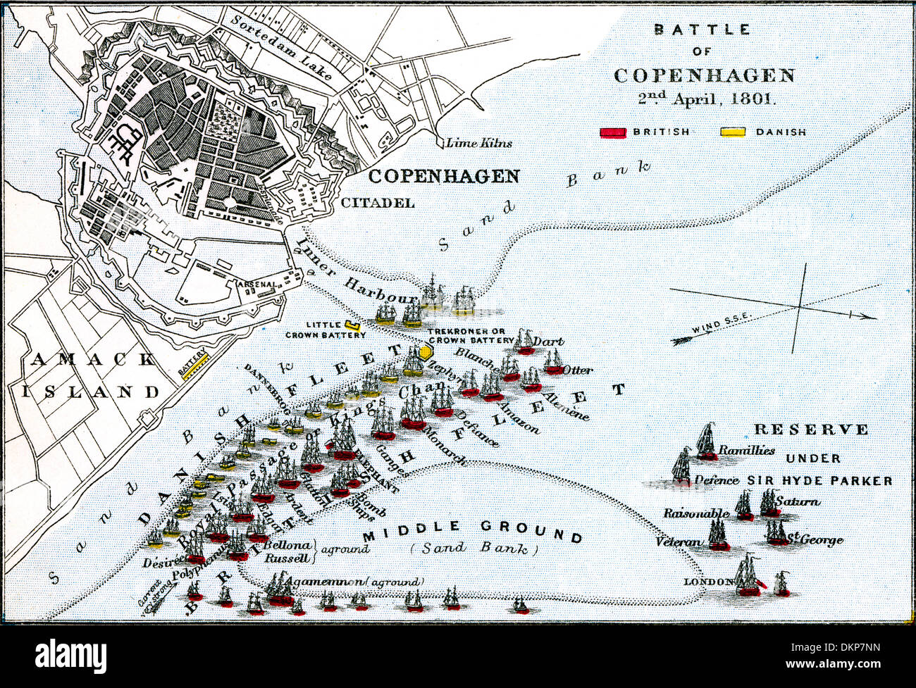 The Battle of Copenhagen 2nd April 1801. Map of battle plan. Published 1899. Stock Photo