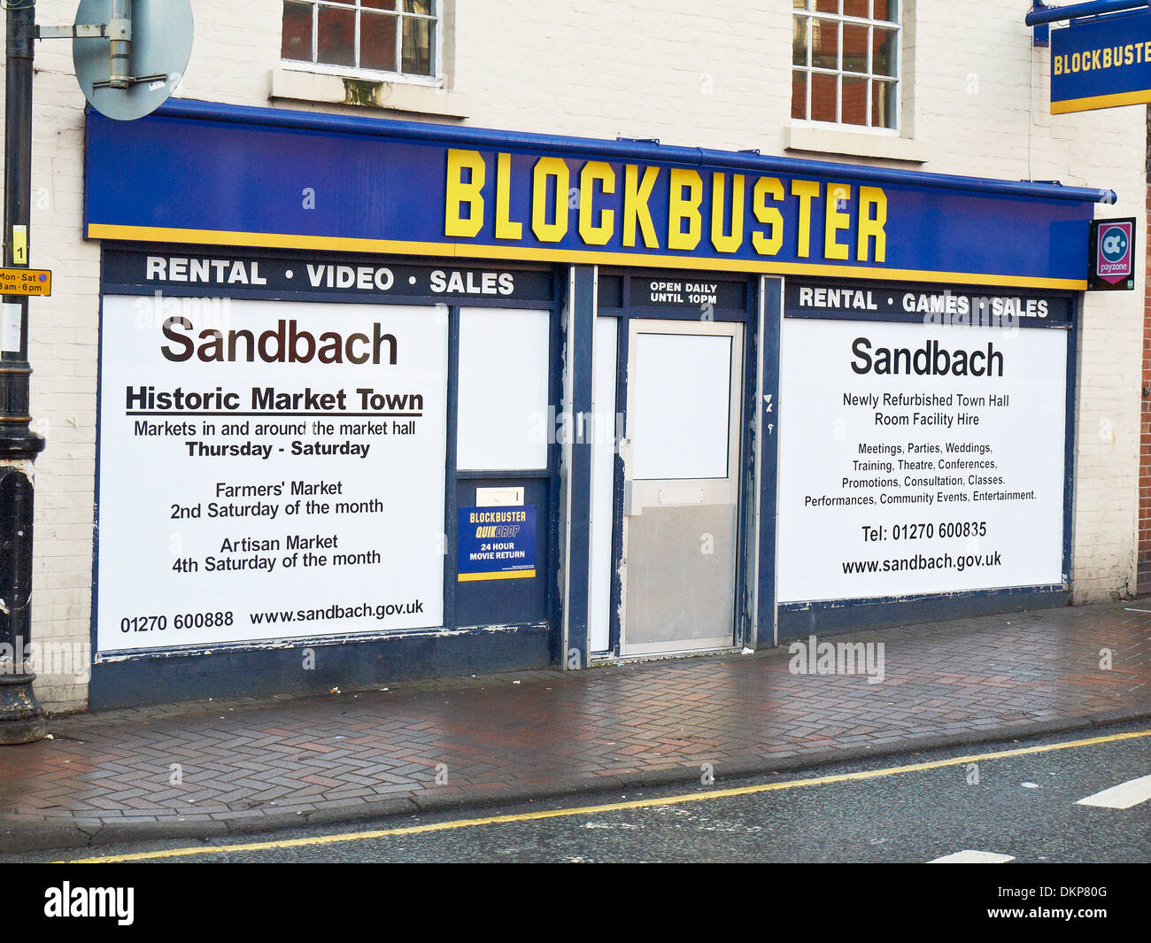 The closed down Blockbuster store in Sandbach, now used to promote Sandbach historic market town, Cheshire UK Stock Photo