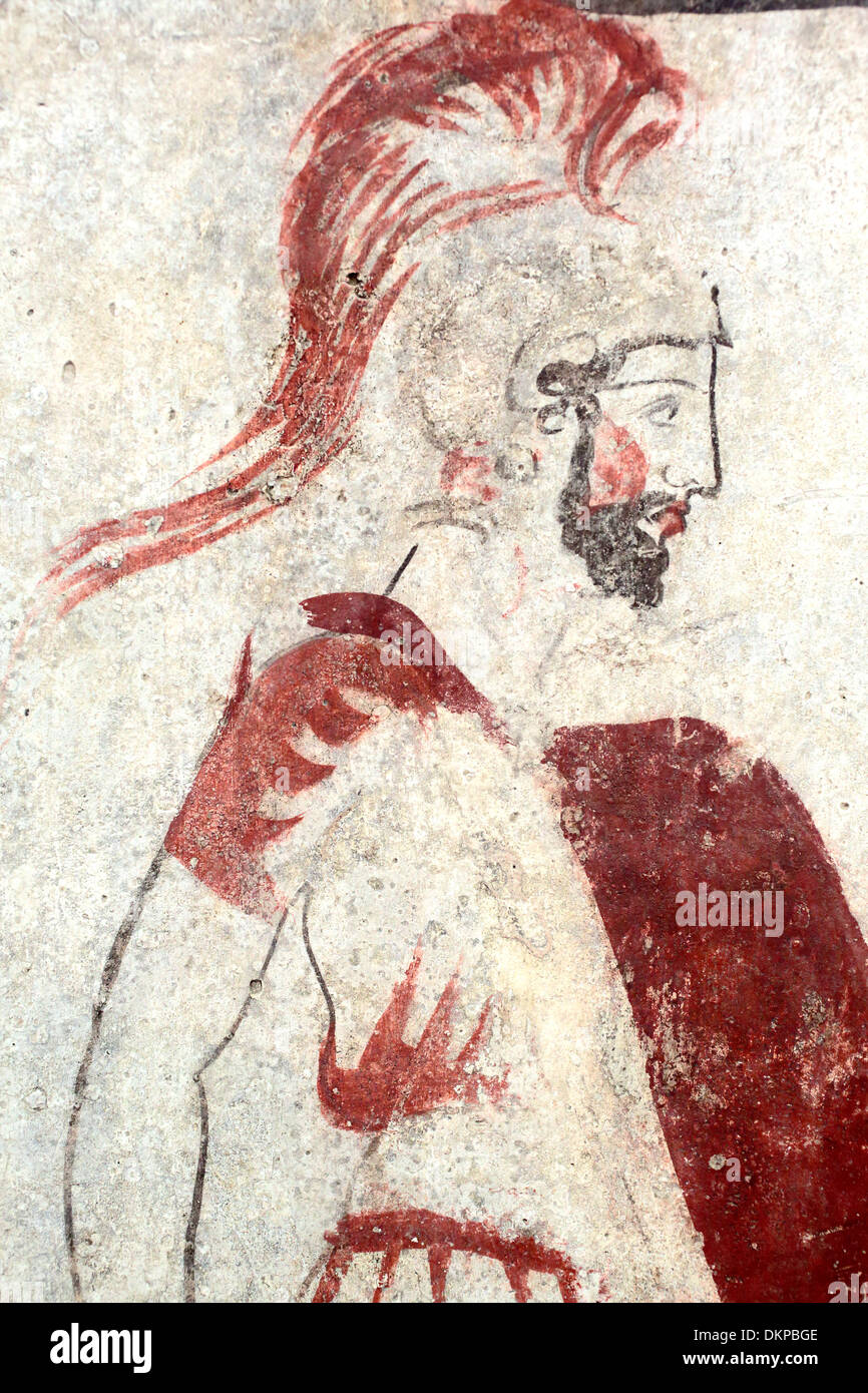 Ancient Greek warrior, Mural painting, Archeological museum, Paestum, Campania, Italy Stock Photo