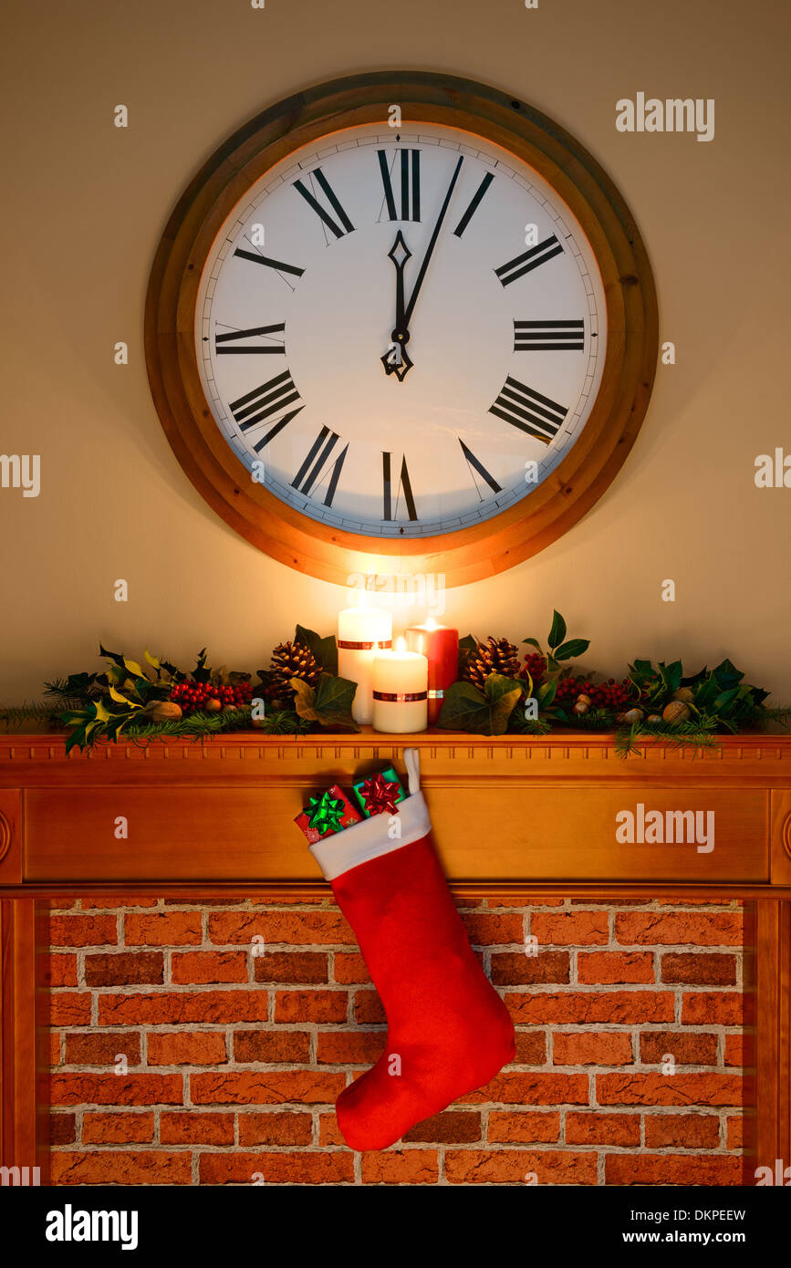 It's just past midnight on Christmas Eve / Day and Santa has been, gifts are in the stocking hanging over the fireplace Stock Photo