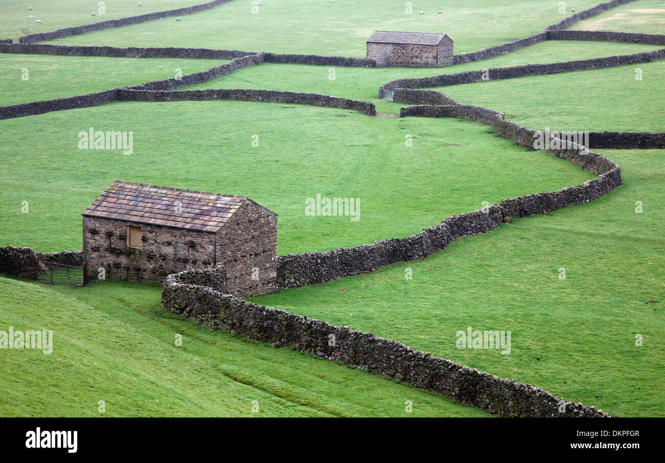 Stone houses and walls in green fields Stock Photo - Alamy