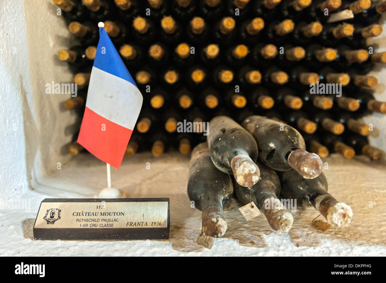 Collection of rare Château Mouton wine bottles in storage at the Cricova wine cellar near