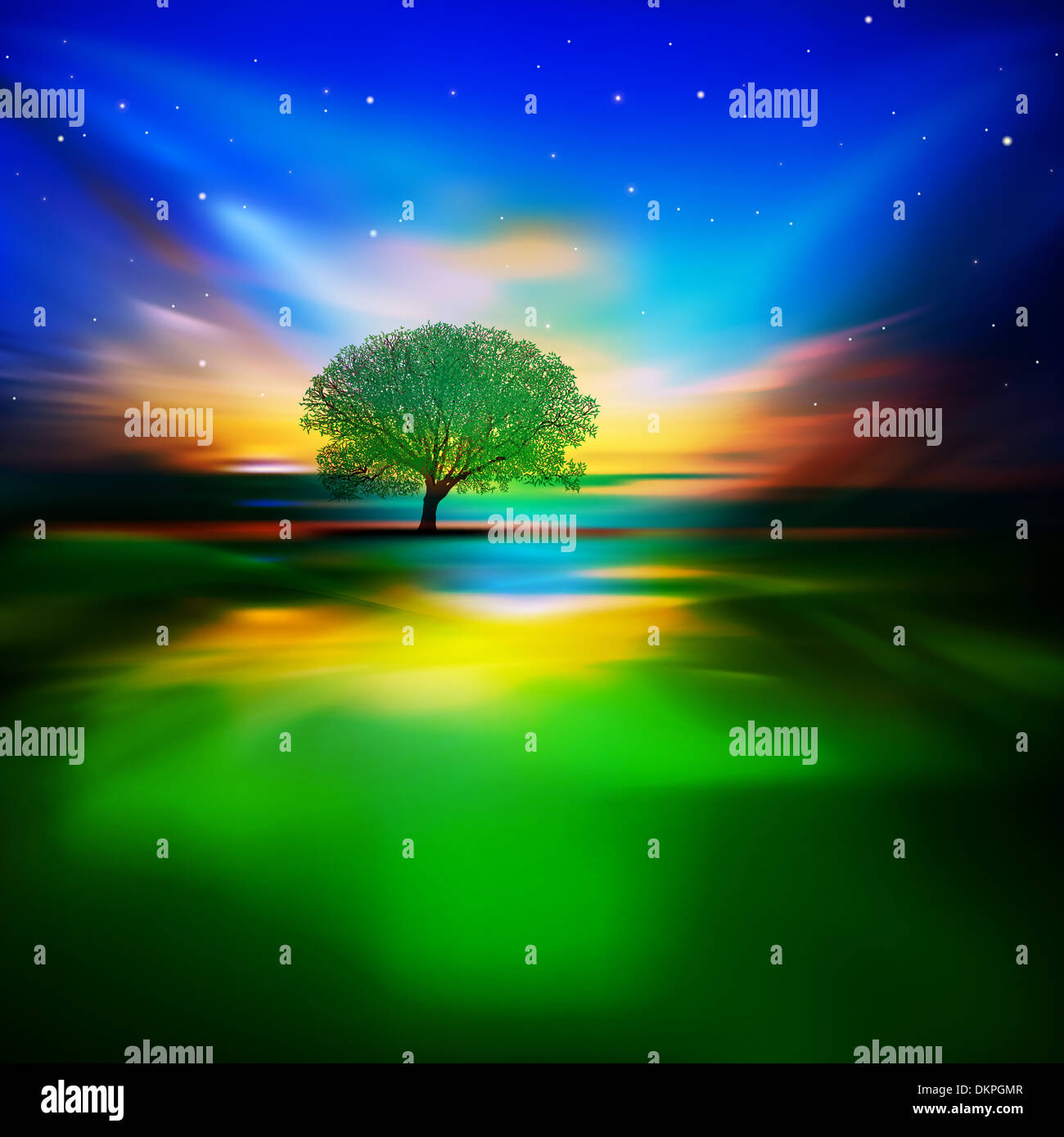 abstract Nature background with night sky and green tree Stock Photo ...