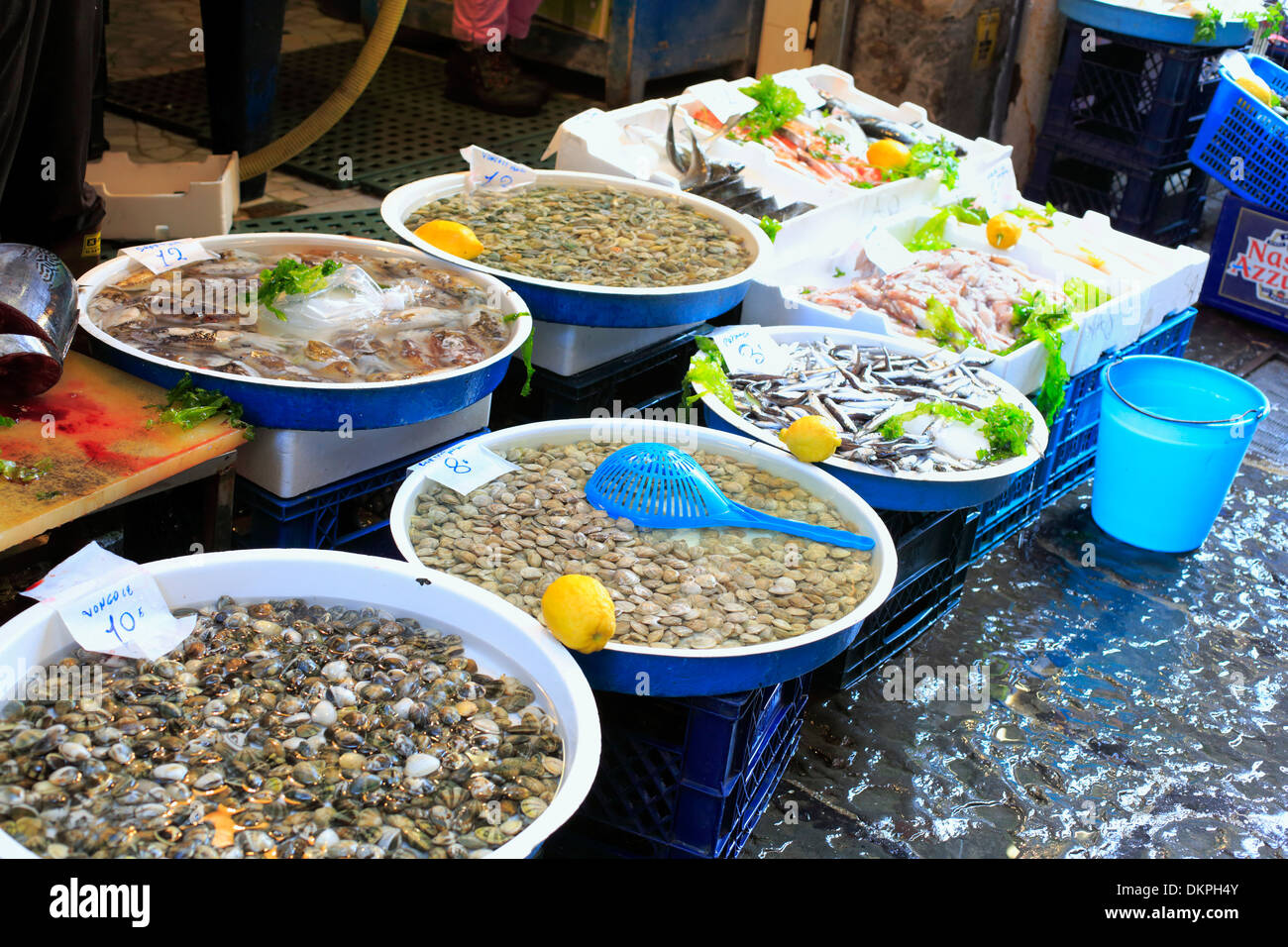 Fish and seafood street market, Naples, Campania, Italy Stock Photo