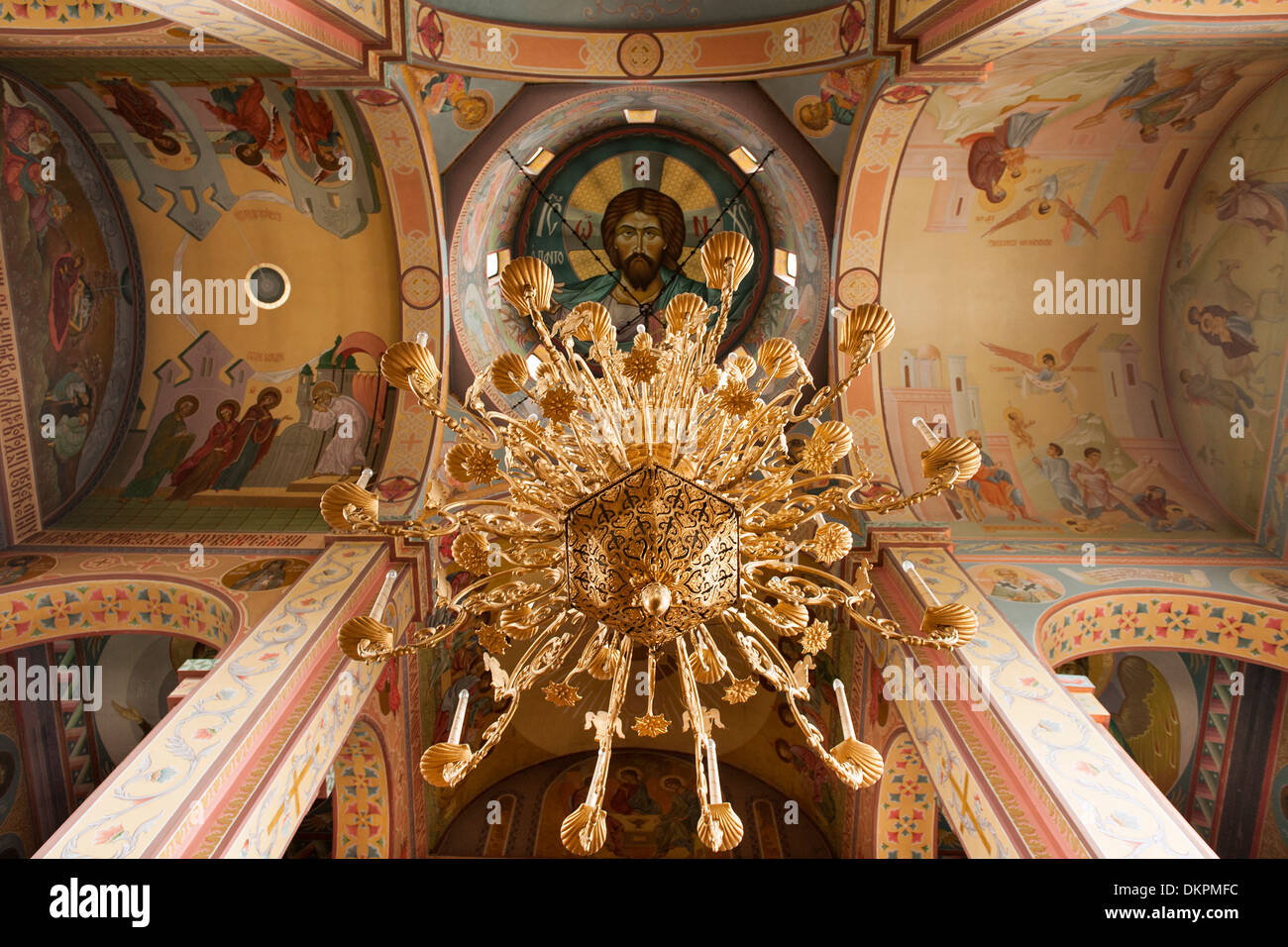 Interior, chandelier and ceiling of the Russian Orthodox Church of Nativity in Tiraspol, the capital of Transnistria. Stock Photo