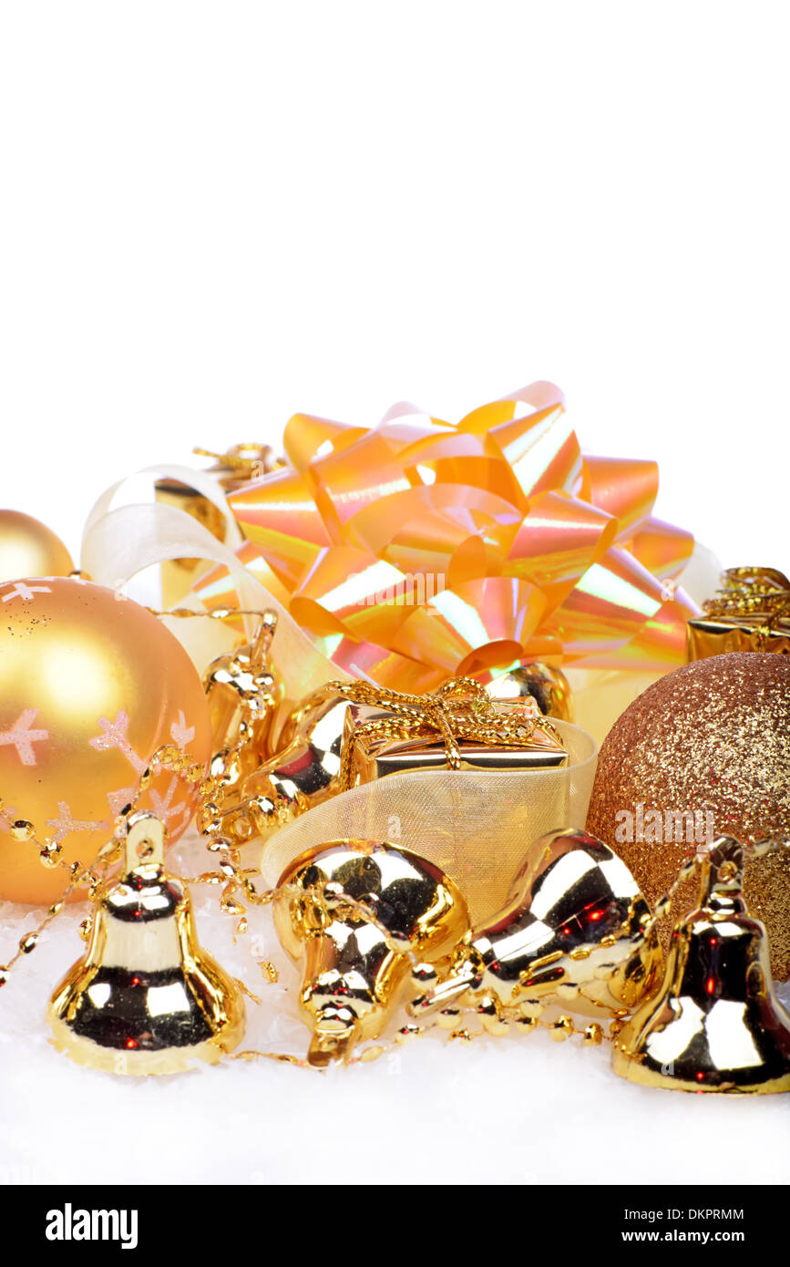 Christmas background with golden balls and bells Stock Photo - Alamy