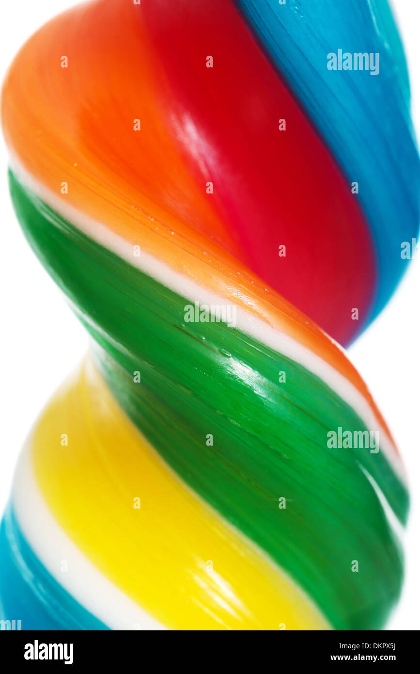 Close up on one longitudinal and colorful lollipop. Stock Photo