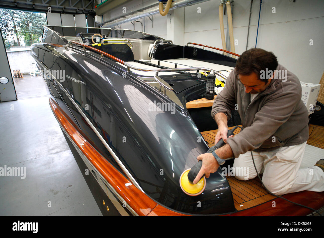 A Rivarama super yacht under construction at the Riva factory in Sarnico, Italy. Stock Photo