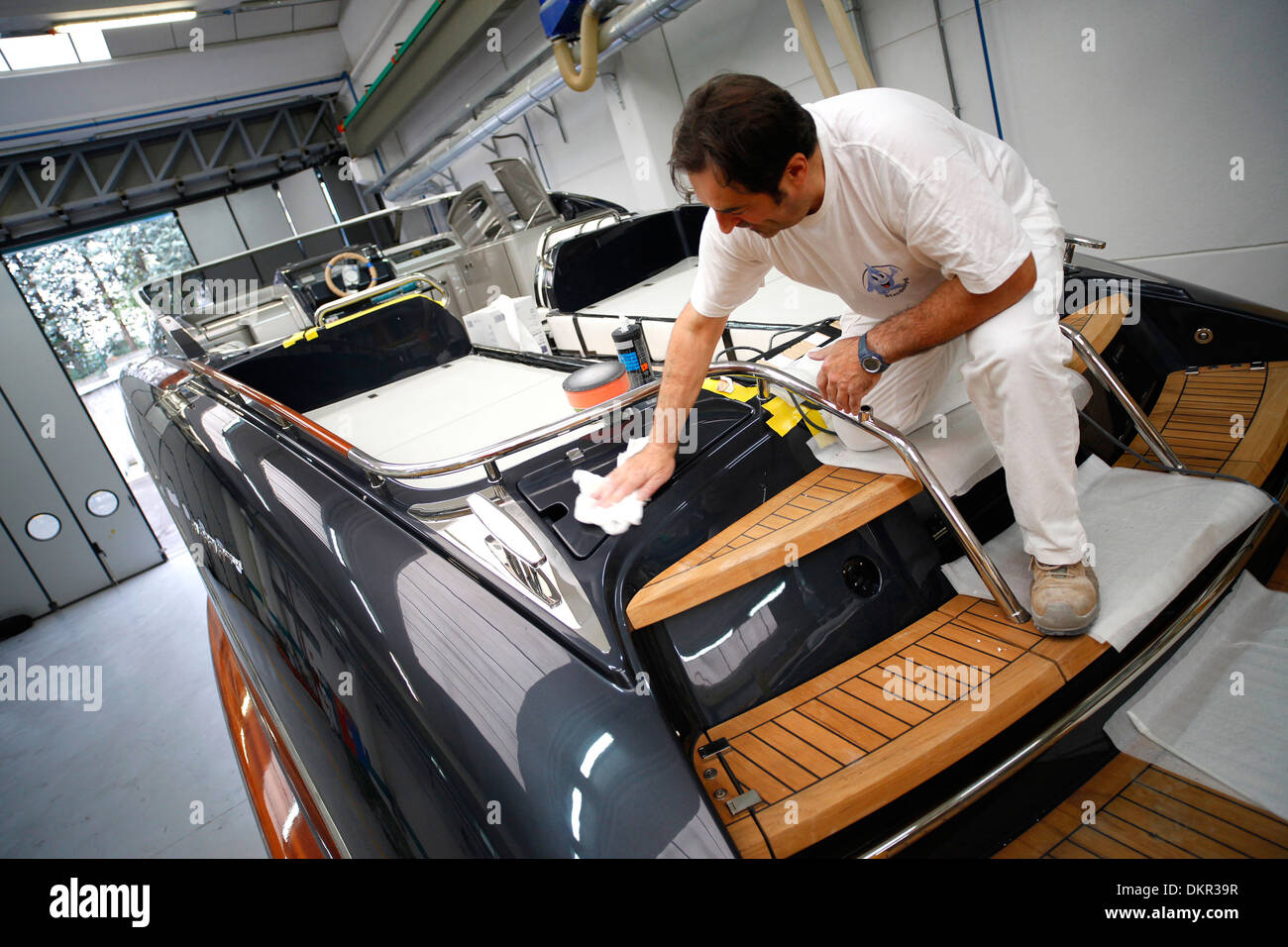 A Rivarama super yacht under construction at the Riva factory in Sarnico, Italy. Stock Photo