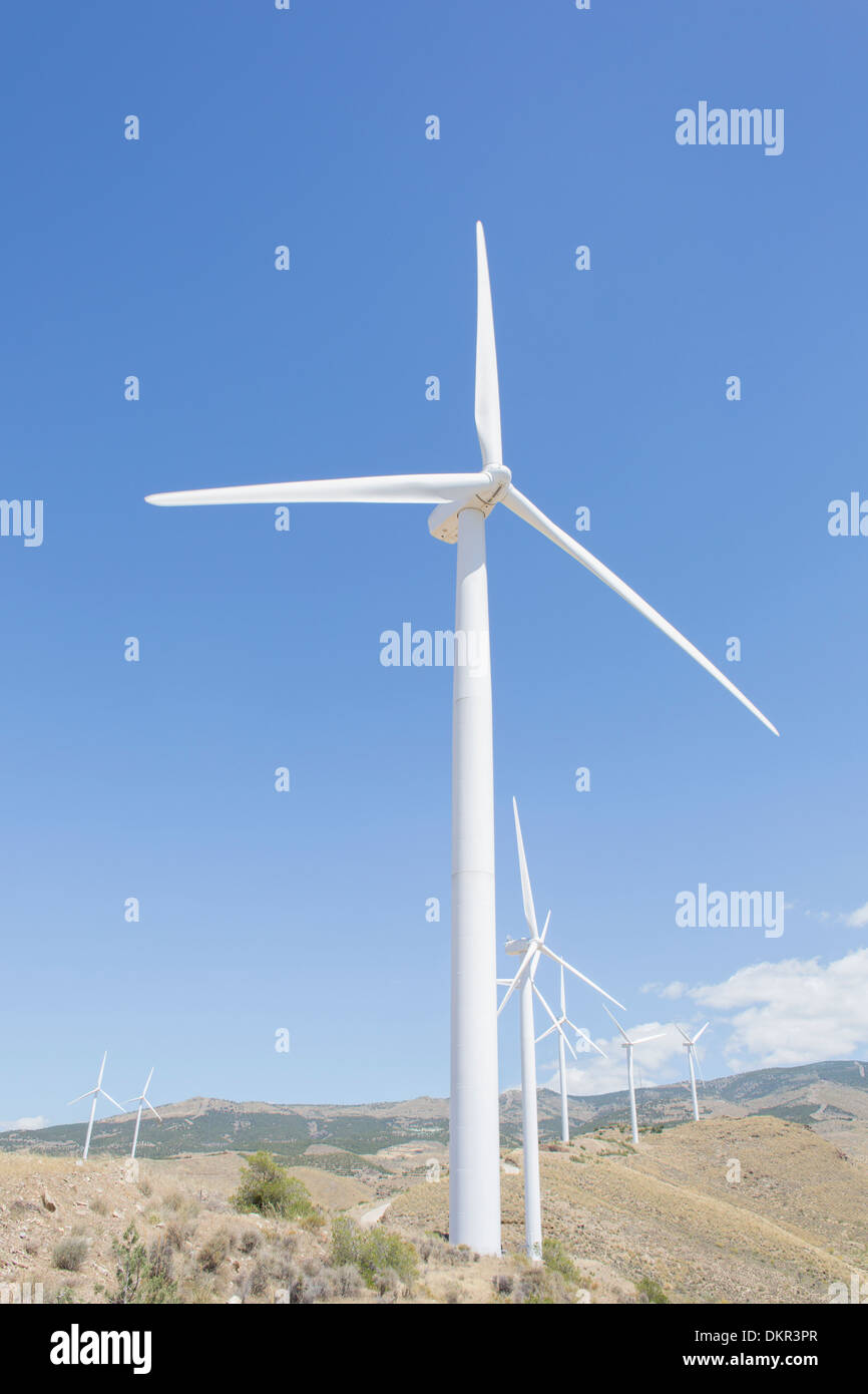 Wind turbines spinning in rural landscape Stock Photo