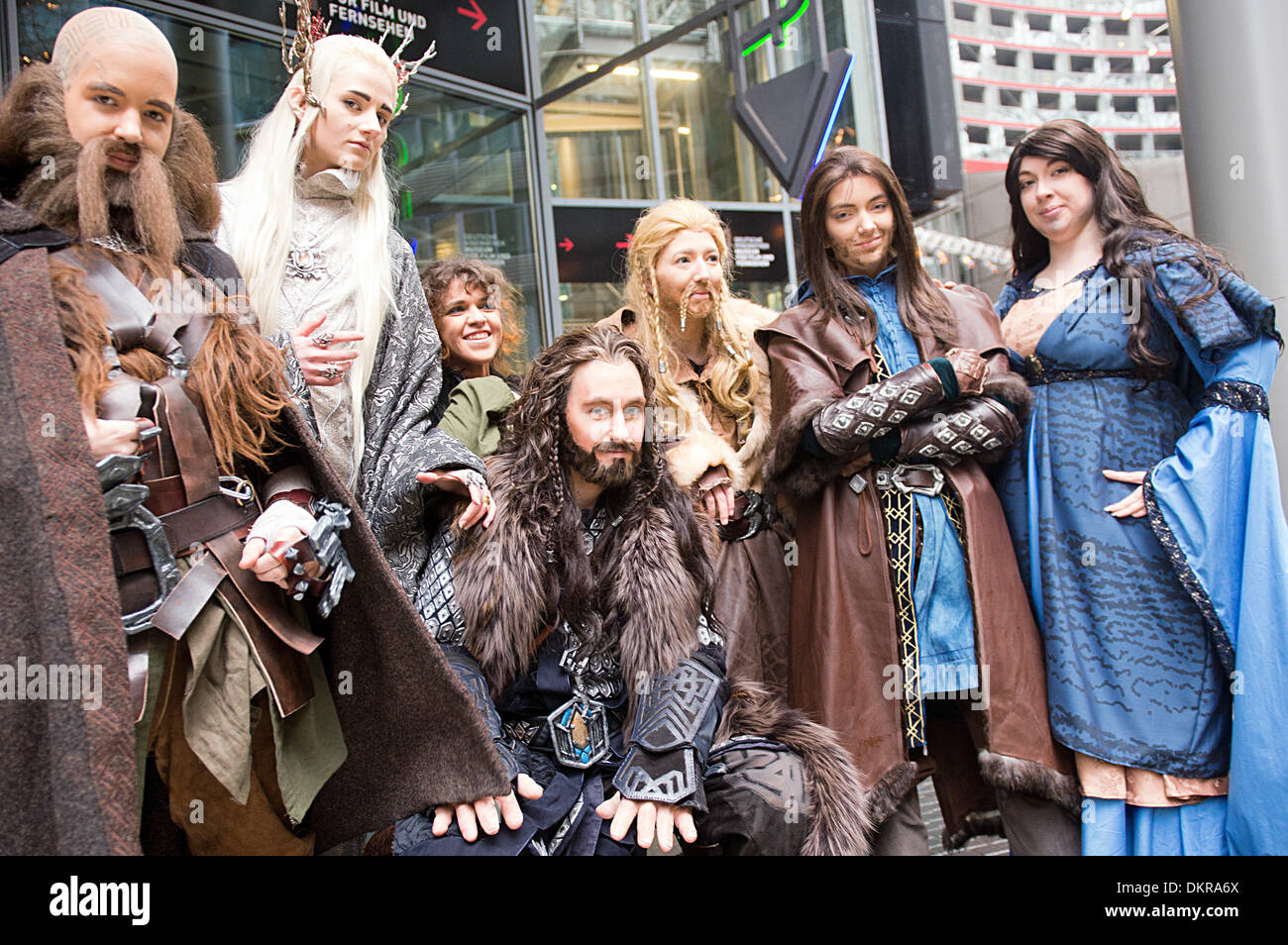 Berlin, Germany. 09th Dec, 2013. Hobbit enthusiasts are dressed up as  dwarfs and elves in Berlin, Germany, 09 December 2013. They wait for  tonight's European premiere of 'The Hobbit - The Desolation, image size:1300x954