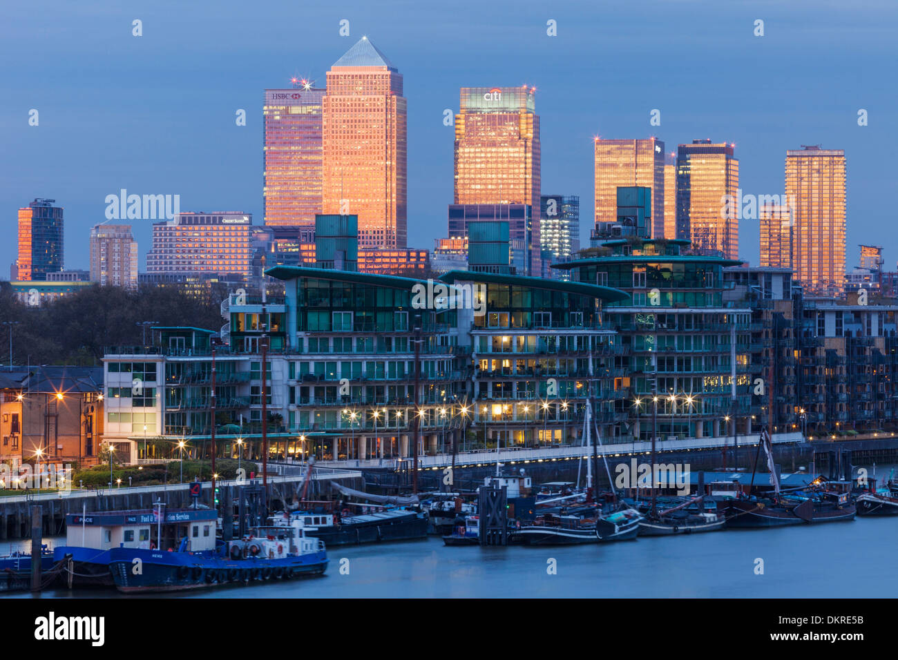 England, London, River Thames and Canary Wharf Skyline at Dusk Stock ...