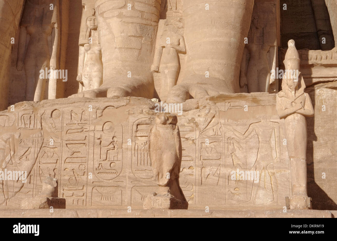 architectural detail of the historic Abu Simbel temples in Egypt (Africa) with stone sculptures and hieroglyphics Stock Photo