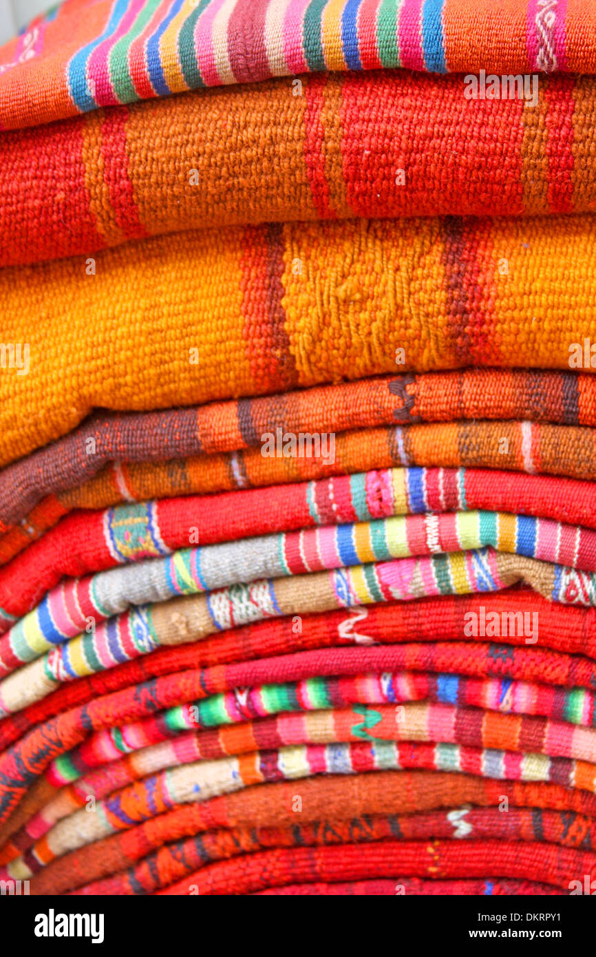 South American hand made colourful fabric with traditional patterns & design, Lima, Peru. Stock Photo