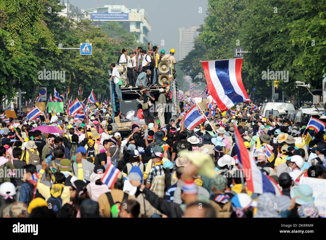 Bangkok, Thailand. 9th Dec, 2013. Anti-government protesters attend a demonstration near the Government House in Bangkok, Thailand, Dec. 9, 2013. Thailand's anti-government protesters on Monday demanded interim Prime Minister Yingluck Shinawatra to resign immediately and hand power to a 'people's council.' Credit:  Gao Jianjun/Xinhua/Alamy Live News Stock Photo