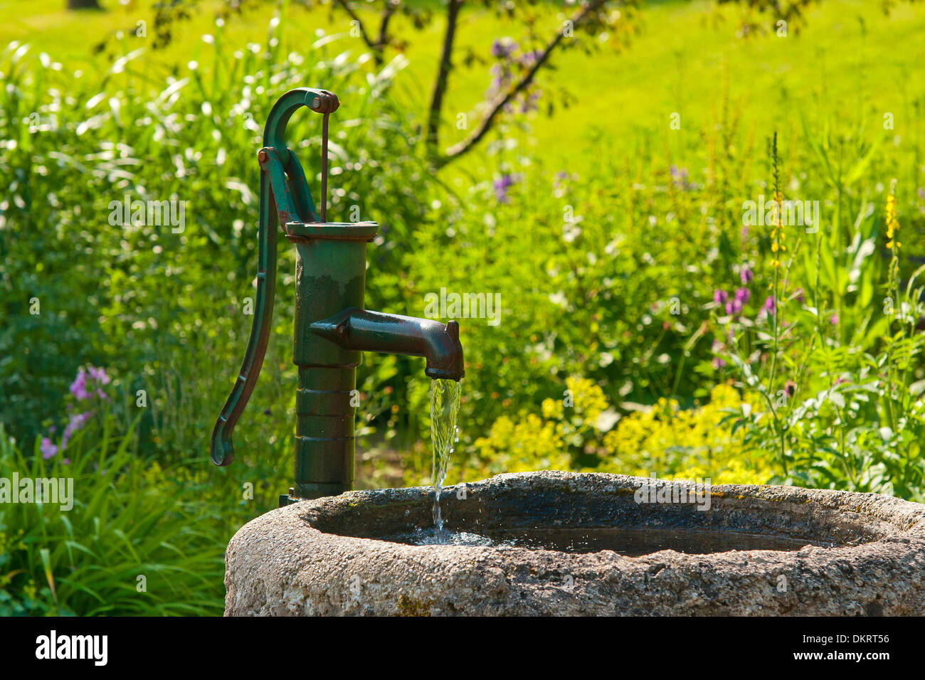 Germany Europe Bavaria Upper Bavaria Chiemgau Inzell water well lyre well stone trough fresh flow bubble channel trough flow Stock Photo