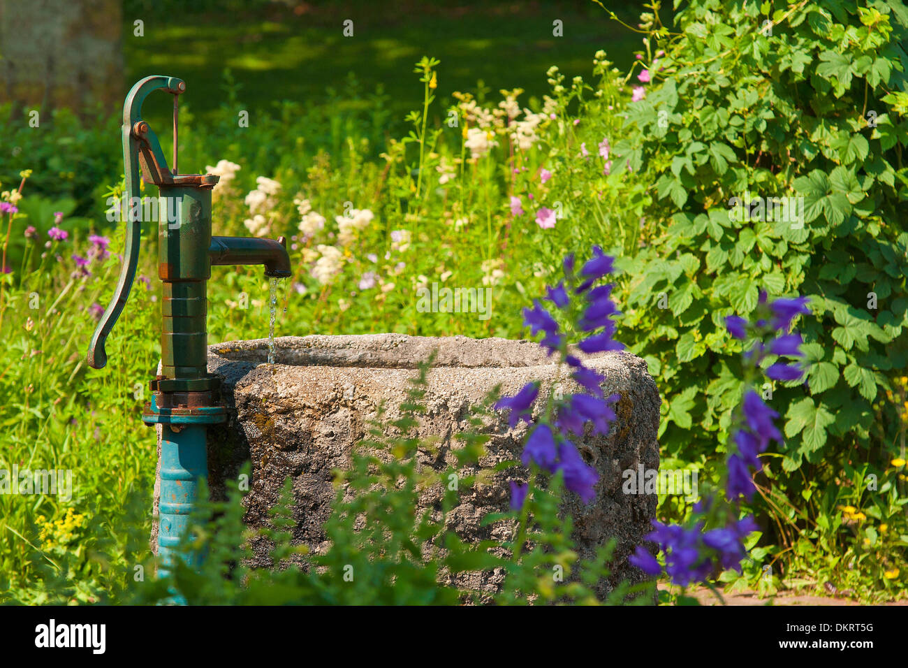 Germany Europe Bavaria Upper Bavaria Chiemgau Inzell water well lyre well stone trough fresh flow bubble channel trough flow Stock Photo
