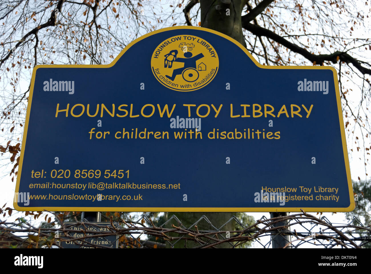 hounslow toy library sign, at the library loaning toys to disabled children  in hounslow, middlesex, england Stock Photo