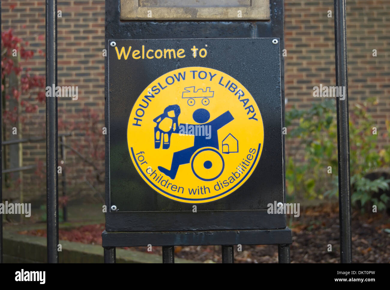 welcome to hounslow toy library sign, at the library loaning toys to disabled children  in hounslow, middlesex, england Stock Photo