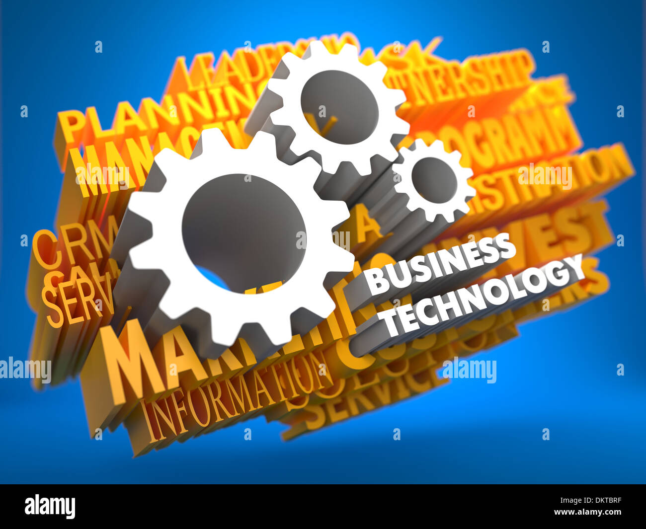 Business Technology with Cogwheel Gear Mechanism Icon on Yellow WordCloud on Blue Background. Stock Photo