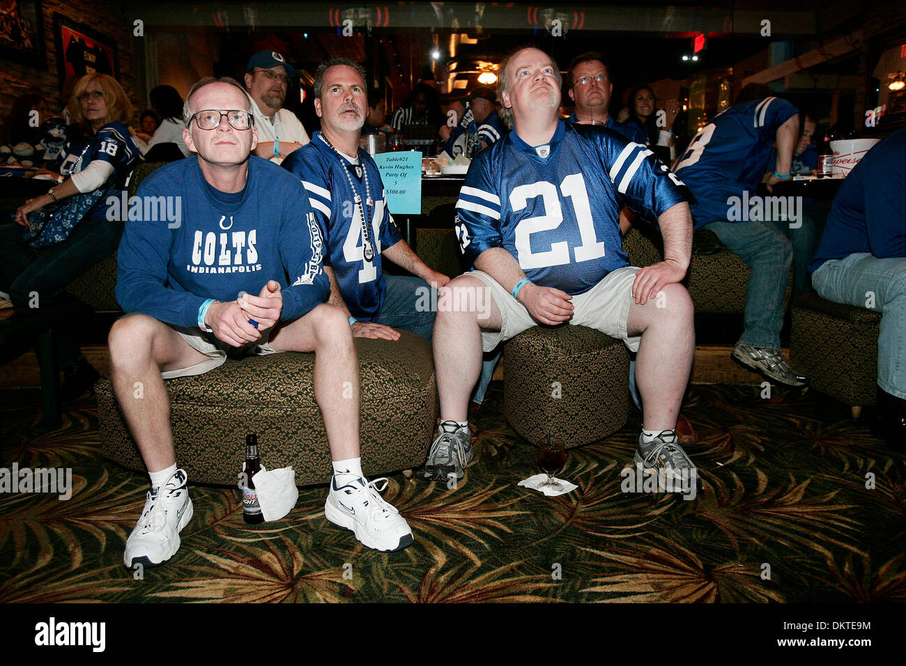 Feb. 07, 2010 - Ft Lauderdale, FL - Florida, USA - United States - fl-super-bowls-bars-0208c  (L R)( all from Indiana)  Colts fans Dave Hille, Bill Dreibelbis and Mark Deacon watched the game at Cafe Iguana in Pembroke  Pines.  Photo/Michael Francis McElroy, for the South Floirda Sun-Sentinel (Credit Image: © Sun-Sentinel/ZUMApress.com) Stock Photo
