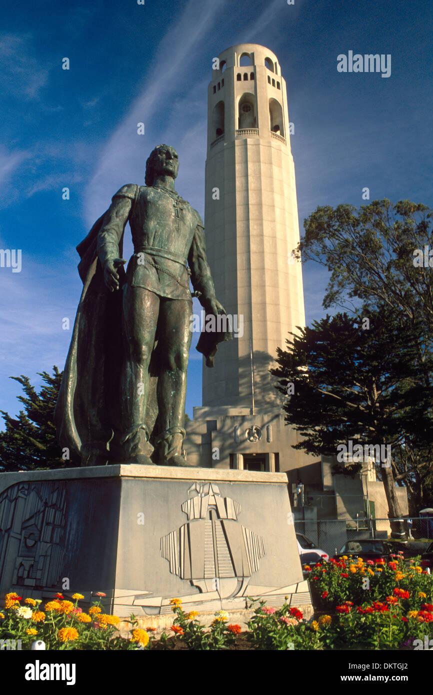 Statue in front of Coit Tower, Telegraph Hill, San Francisco, California Stock Photo