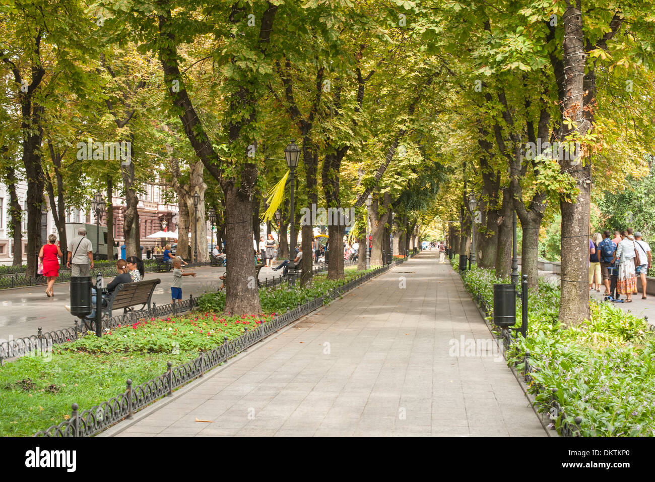 Shaded pedestrian walkway leading to the Potemkin Stairs in Odessa, Ukraine. Stock Photo