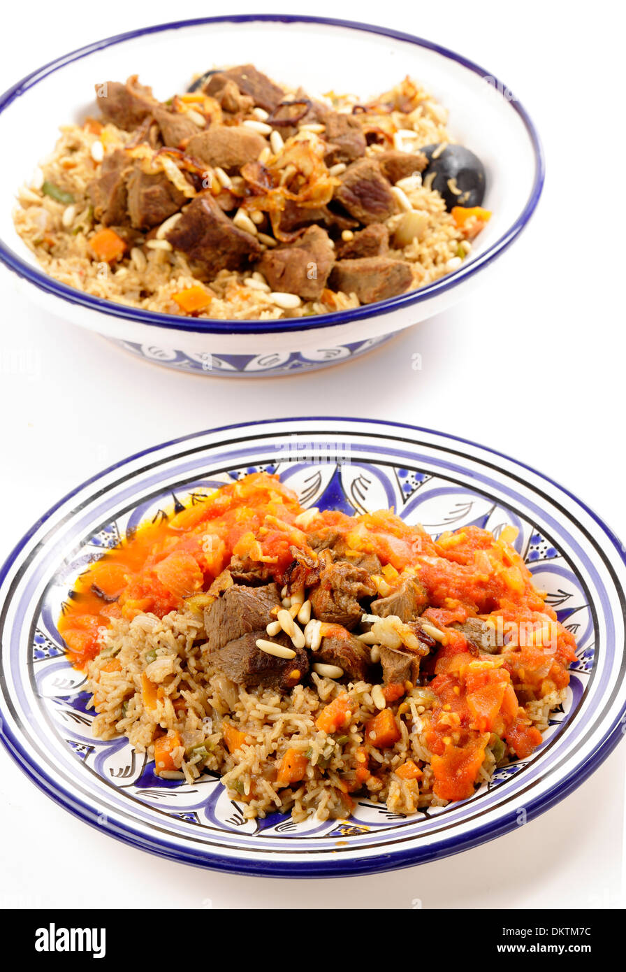 A traditional Saudi Arabian or Gulf Arab meat kabsa meal, Stock Photo