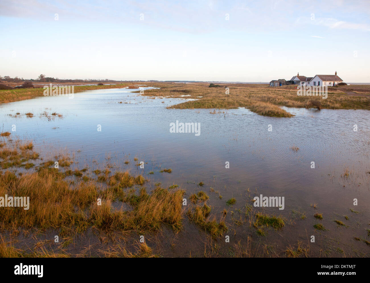 Flood water after winter North Sea storm surge in December 2013 at Shingle Street, Suffolk, England Stock Photo