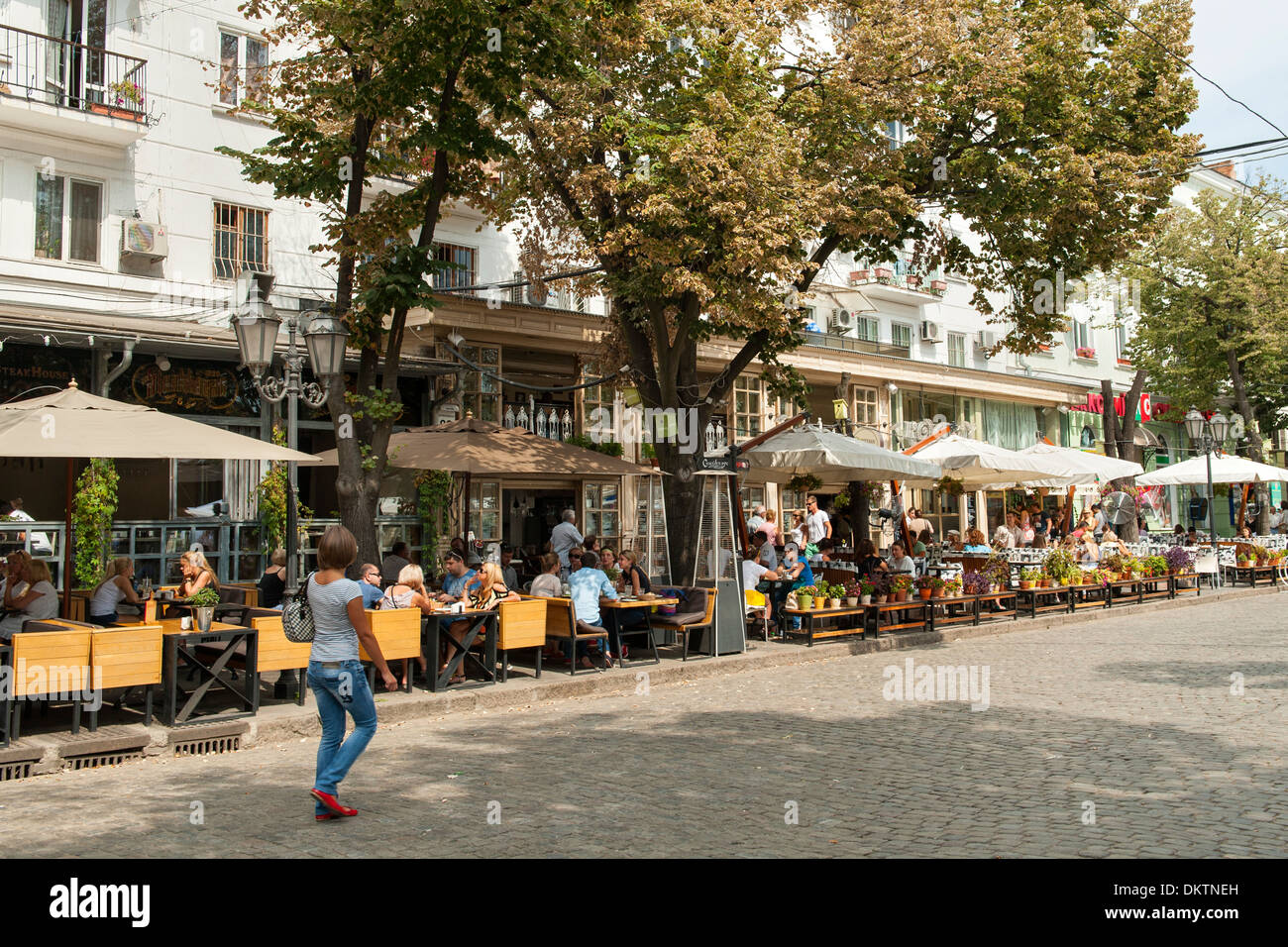 Cafes on Deribasovskaya street in Odessa, Ukraine. Stock Photo